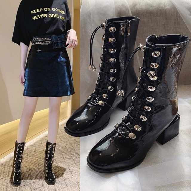 (Ảnh thật) CÓ SẴN Bốt da bóng cổ cao khoá sườn buộc dây