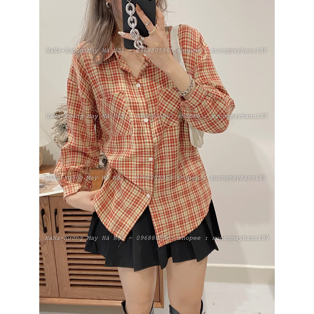 [ÁO KIỂU] Sơ Mi Nữ Họa Tiết Kẻ Màu Vintage Tay Dài