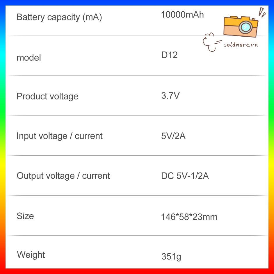 Bộ Sạc Dự Phòng D12 10000mah Cho Điện Thoại Di Động