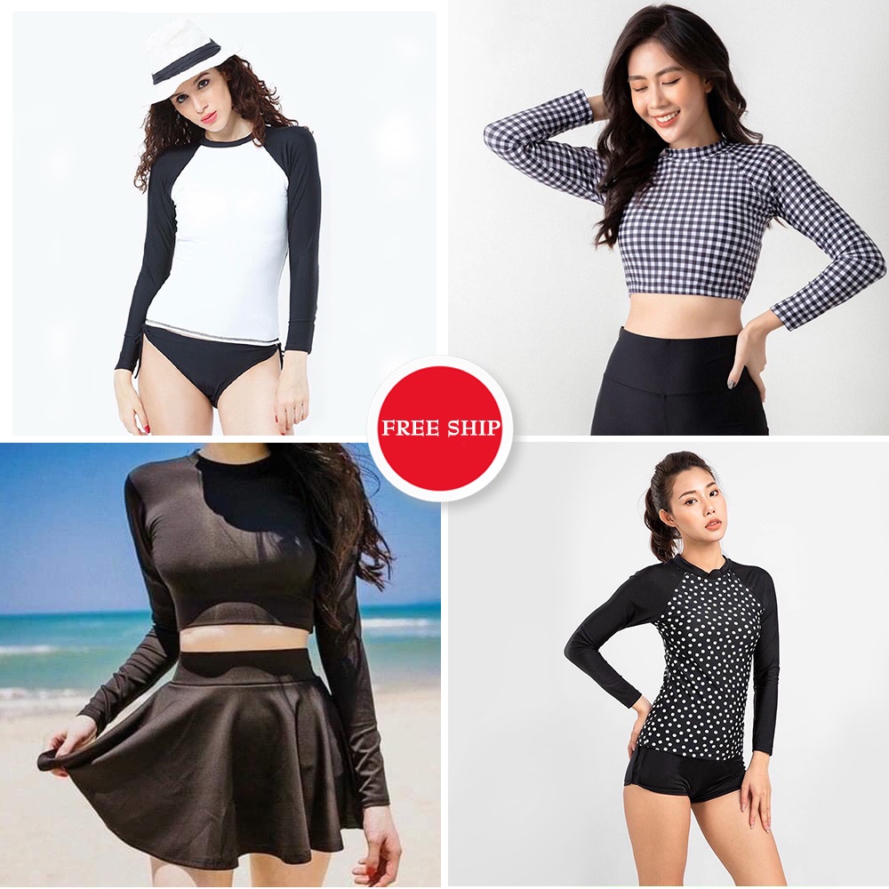 Áo bơi nữ lẻ dài tay, croptop tay dài kín đáo, có lót ngực, Mẫu 1- 12