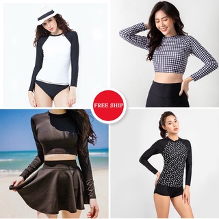 Áo bơi nữ lẻ dài tay, croptop tay dài kín đáo, có lót ngực, Mẫu 1- 12 (Freesize 40 - 60kg)