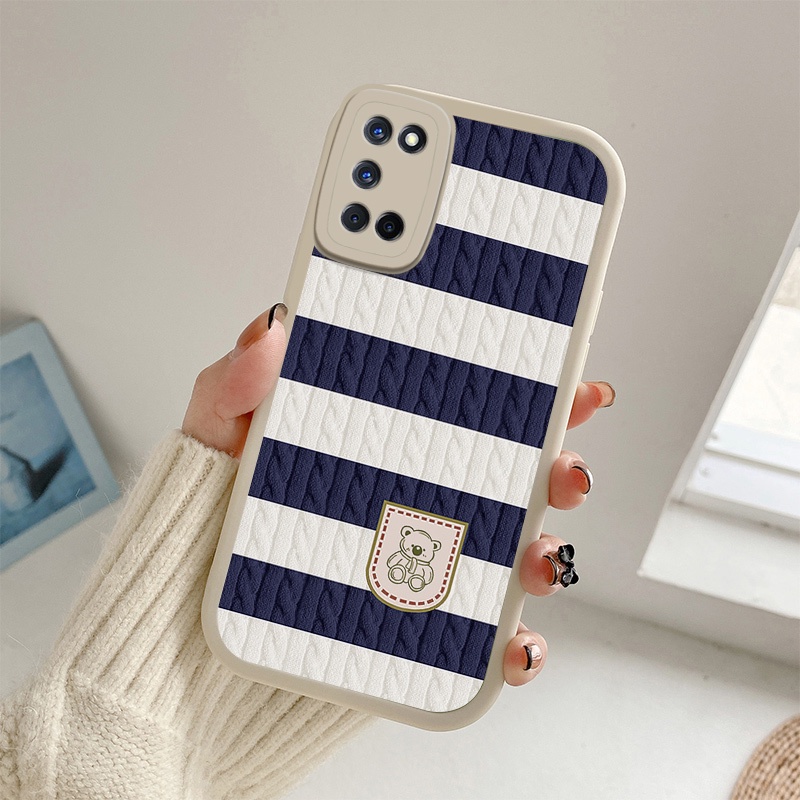 Stripe Casing OPPO Reno 7 Z 6 5 Pro 4G 5G A53 A33 A15 A15S A52 A72 A92 A7 A5S A12 A11K A9 A5 2020 F11 Reno7 Reno6 Reno5 Cartoon Good Luck Bear Lambskin Fine Hole Shockproof Soft Phone Case Cover KQ 25