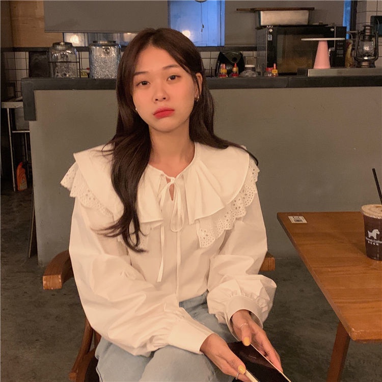 Áo kiểu cổ búp bê viền bèo thời trang ngọt ngào 2021 dành cho nữ
