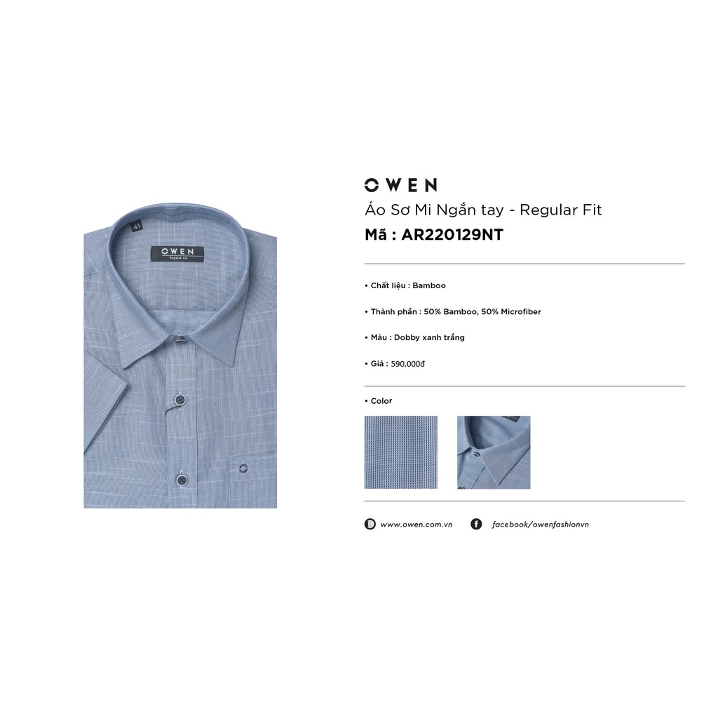 Áo Sơ Mi Nam Ngắn Tay OWEN AR220129NT Somi Công Sở Cao Cấp Màu Dobby Xanh Trắng Vải Sợi Tre Dáng Suông Tà Lượn Có Túi