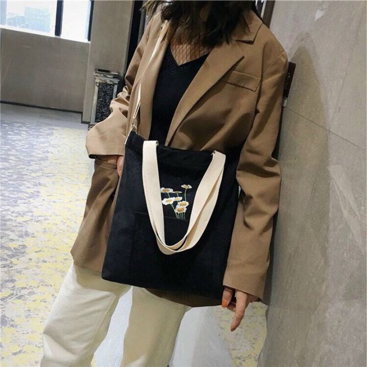 Túi tote vải canvas đựng đồ đi học đi chơi vừa size A4 Hàn Quốc in hinh hoa cúc