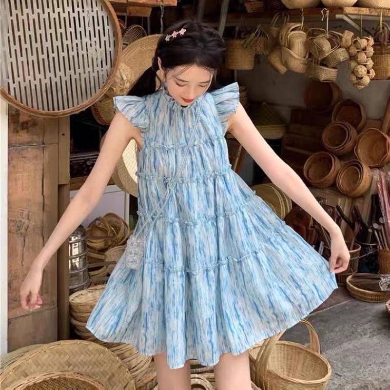 Đầm váy xoè dáng ngắn cánh tiên màu xanh dương