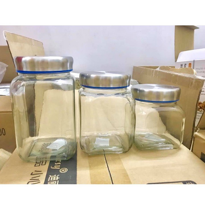 Hũ thủy tinh vuông nắp inox siêu dày cao cấp