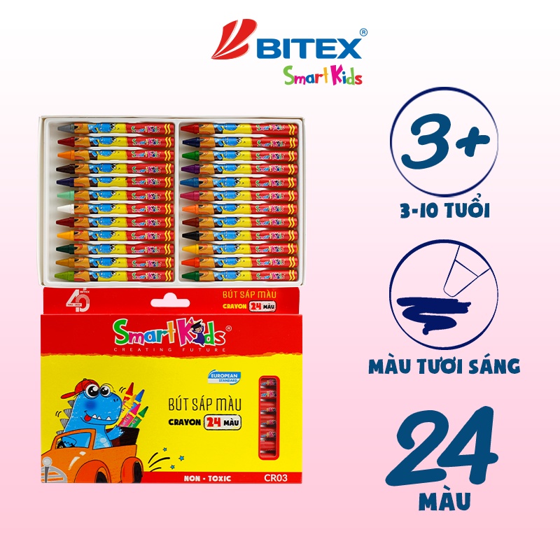 Bút sáp màu Smartkids Dino CR01 / CR02 / CR03 12-18-24 màu dành cho học sinh mẫu giáo, tiểu học bé từ 3 tuổi