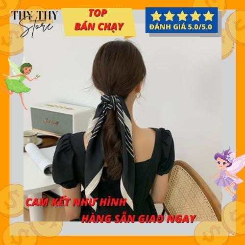 khăn lụa vuông KẺ TRẮNG NỀN ĐEN- 70x70CM-V2KD-Thythy Store khăn lụa Bandana- băng đô, cột túi, áo