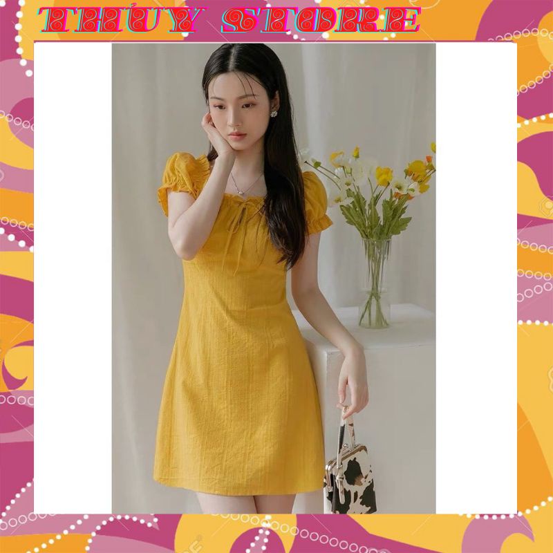Đầm suông chữ A tay bo nhúng ngực, cổ thắt nơ 3 màu đáng yêu