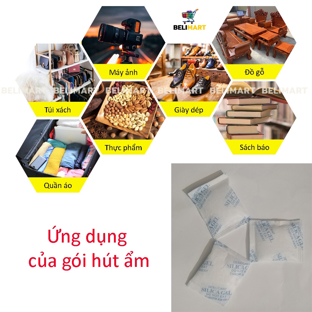 Gói hút ẩm tủ quần áo đóng túi 1kg, túi hút ẩm thực phẩm, máy ảnh, sách báo, giày dép loại 2/5/10g Beli BL020