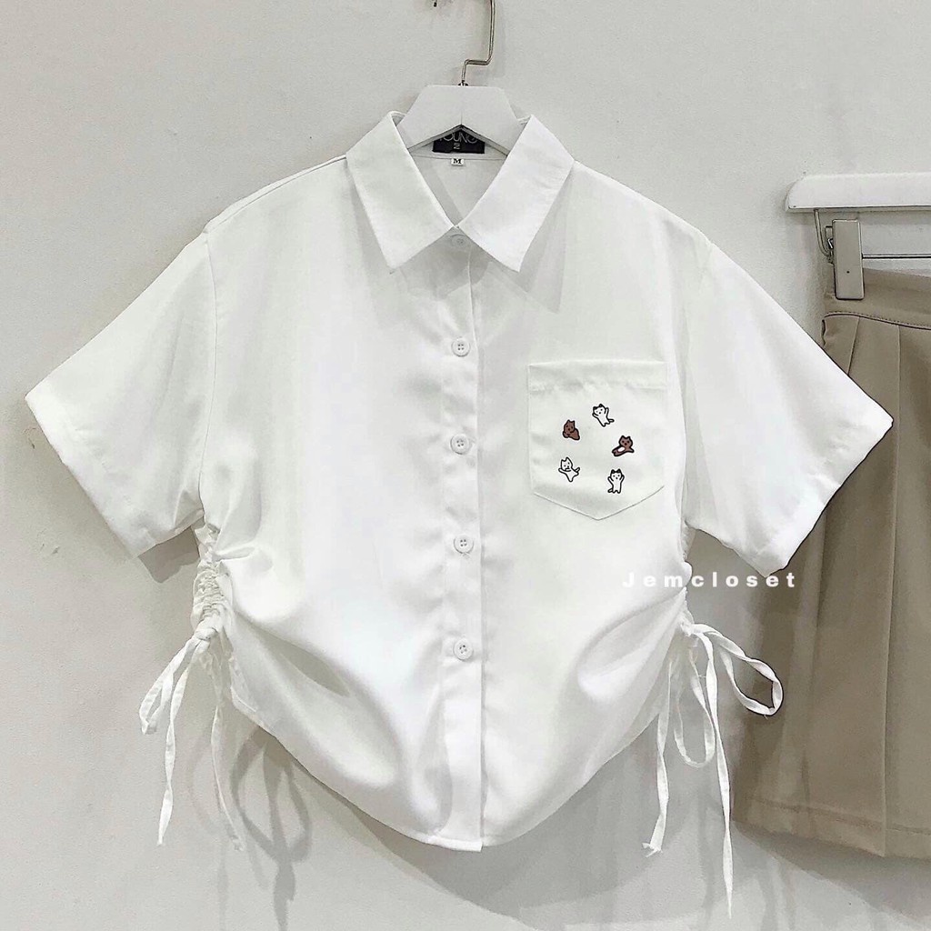 Áo Sơ Mi Croptop Nữ Dây Rút Áo Croptop Nữ Form Rộng Phong Cách Ulzzang Dễ Thương KOS Có 2 Màu Trắng Đen 10045