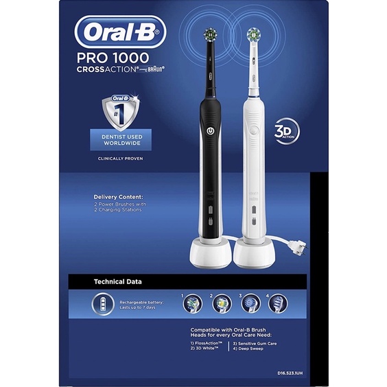Set 2 Bàn chải điện Oral-B Pro 1000 Rechargeable Toothbrush Đen+ Trắng USA
