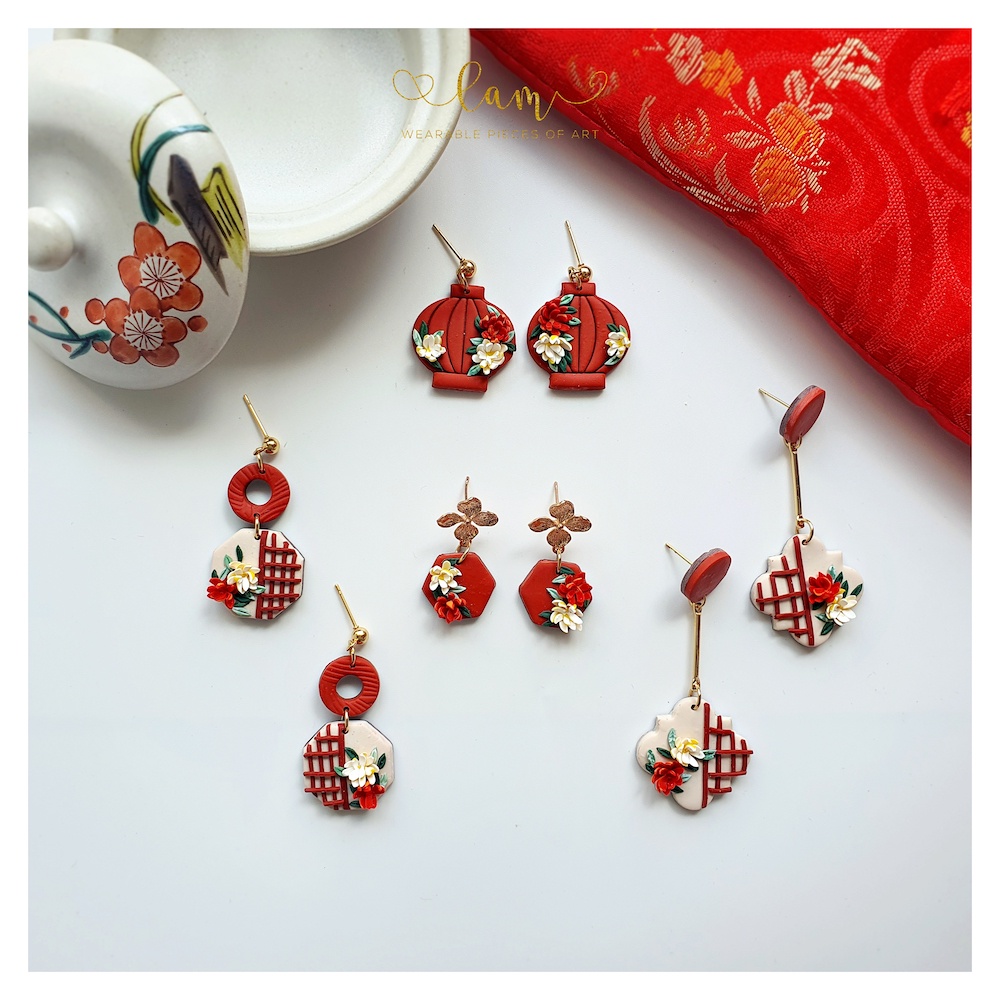 Bông tai đất sét màu đỏ hoa 3D| Trang sức khuyên tai thủ công đất sét polymer | LAM Jewelry