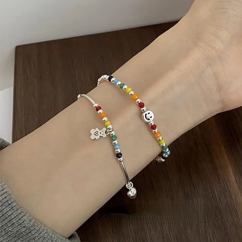 Vòng Tay Chuỗi Hạt Hình Mặt Cười Màu Cầu Vồng Phong Cách Hàn Quốc Thời Trang Cho Nữ