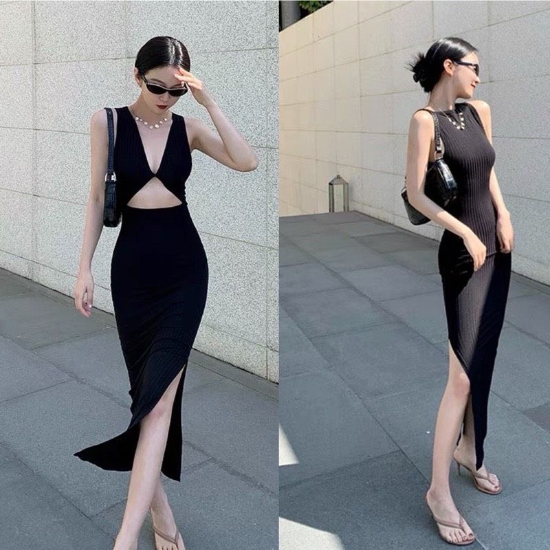Đầm Thun Ba Lỗ Sát Nách Mặc Được 2 Kiểu Xoắn Nơ Hở Ngực/ Lưng - Dáng Dài Maxi Xẻ Tà Form Ôm Body Sexy