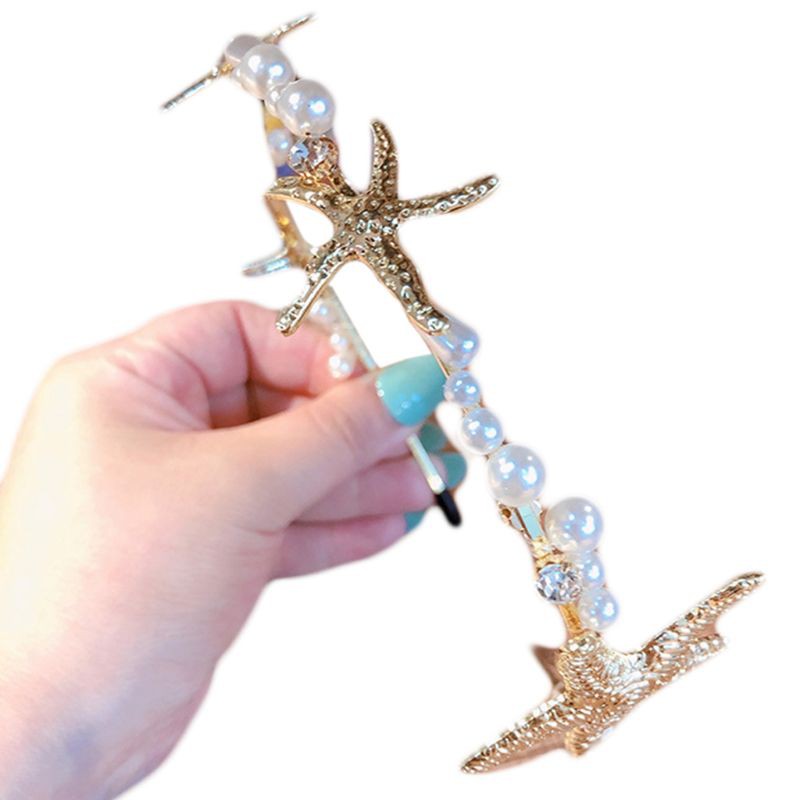 Băng đô cài tóc màu vàng ánh kim đính sao biển ngọc trai nhân tạo thời trang dành cho nữ