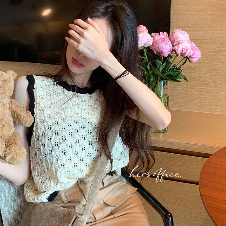COZOK Áo Tank Top Dệt Kim Sát Nách Phối Ren Lỗ Thời Trang