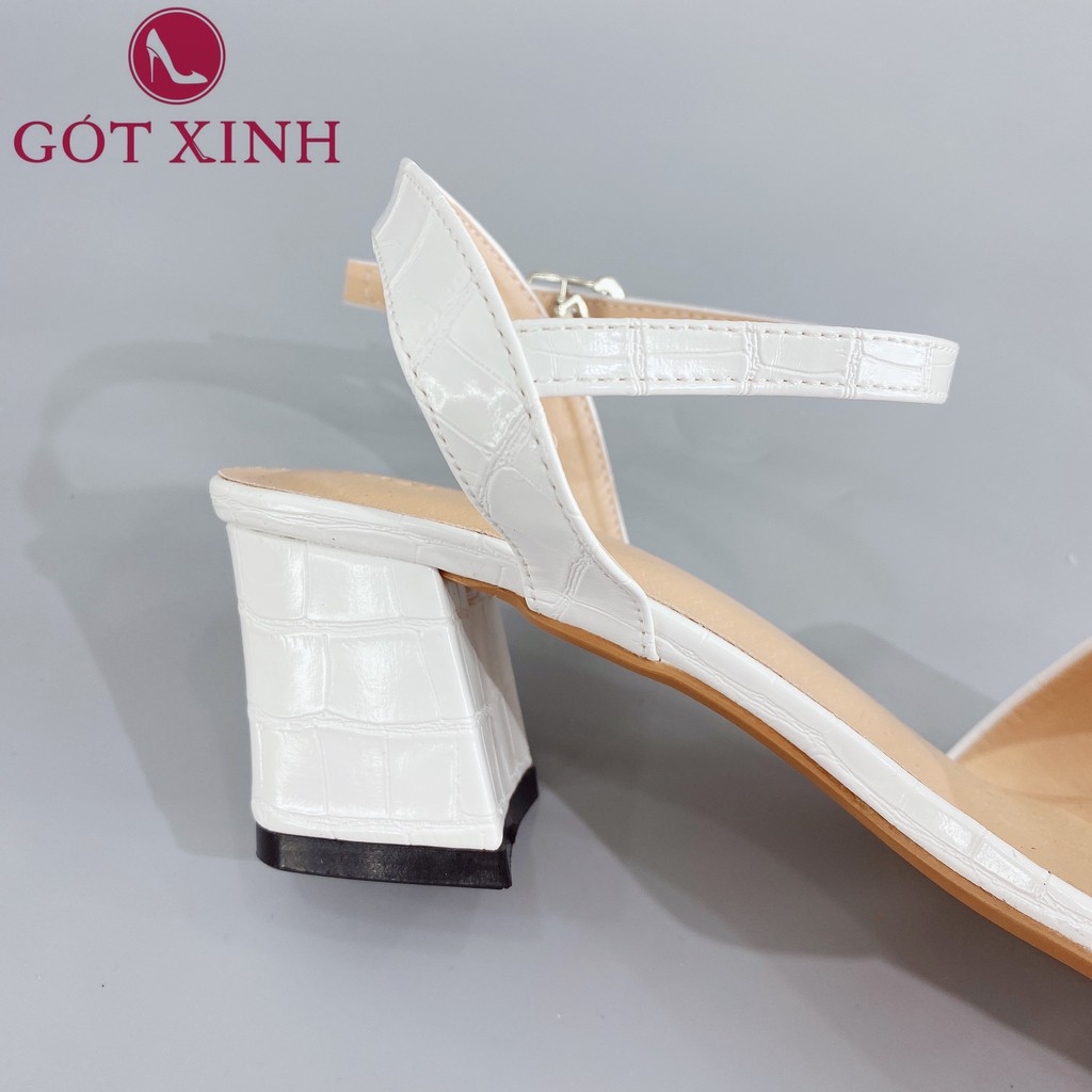 Sandal cao gót nữ GÓT XINH GD22 màu trắng quai ngang dập vân da rắn đế cao 5cm gót trụ vuông