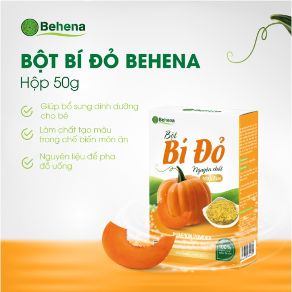 Bột Bí Đỏ sấy lạnh nguyên chất Behena (Hộp 50g) - Bổ não cho bé, tốt cho da, mắt, tăng cường miễn dịch