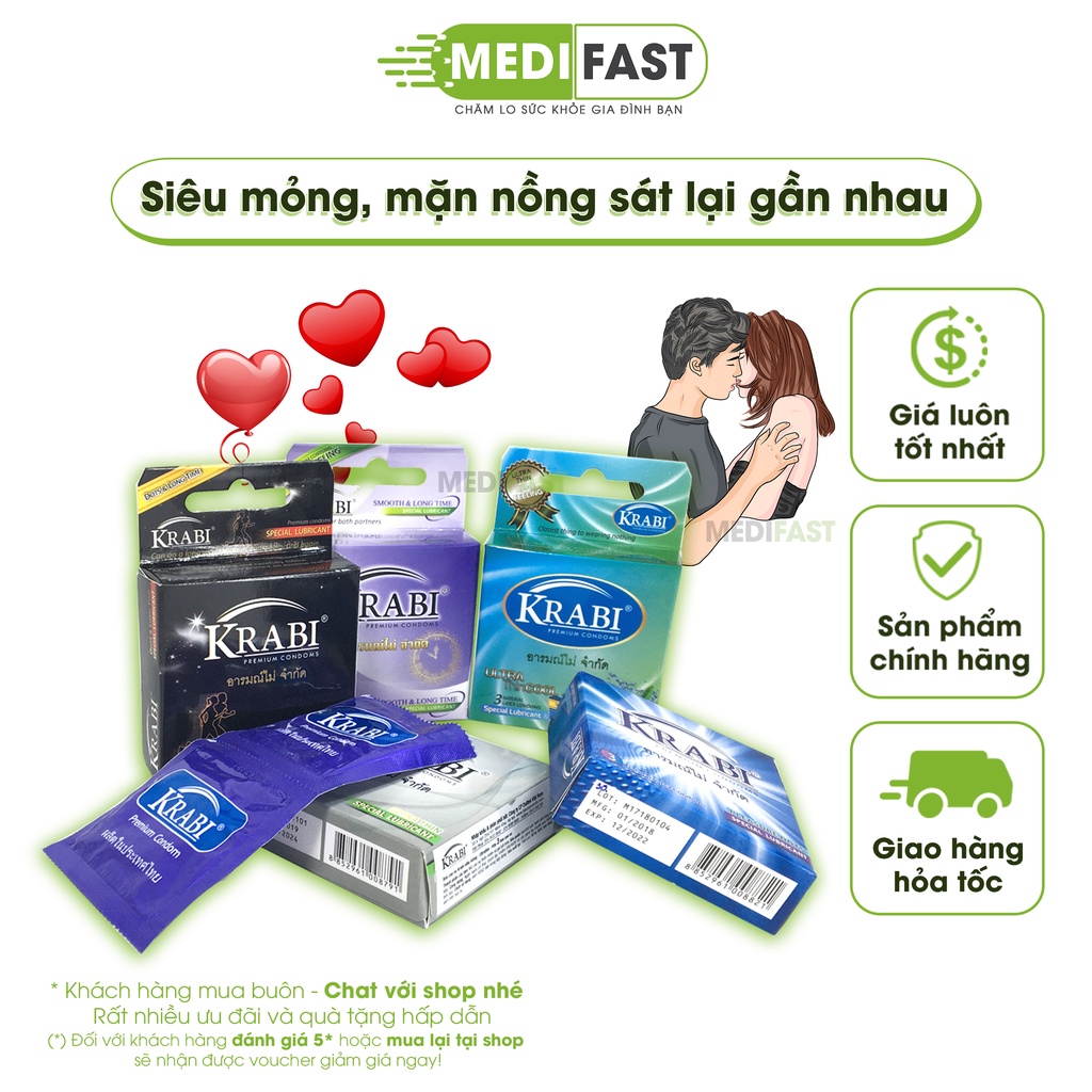 Bao cao su Krabi - Hộp 3 chiếc siêu mỏng, gân gai, vị bạc hà - Xuất xứ Thái Lan - Giao hàng kín đáo, luôn che tên