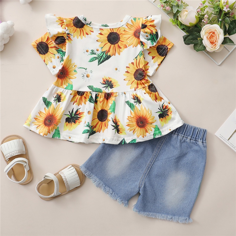 Set áo tay ngắn in hoa + quần denim MIKRDOO phong cách thời trang mùa hè cho bé gái