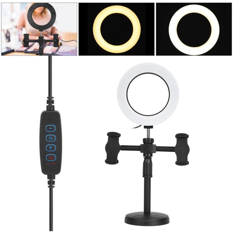 Đèn Led 16cm Với 2 Giá Đỡ Điện Thoại Để Bàn, Hỗ Trợ Livestream, Trang Điểm, Chụp Ảnh Beauty, Quay Video - Tặng Remote
