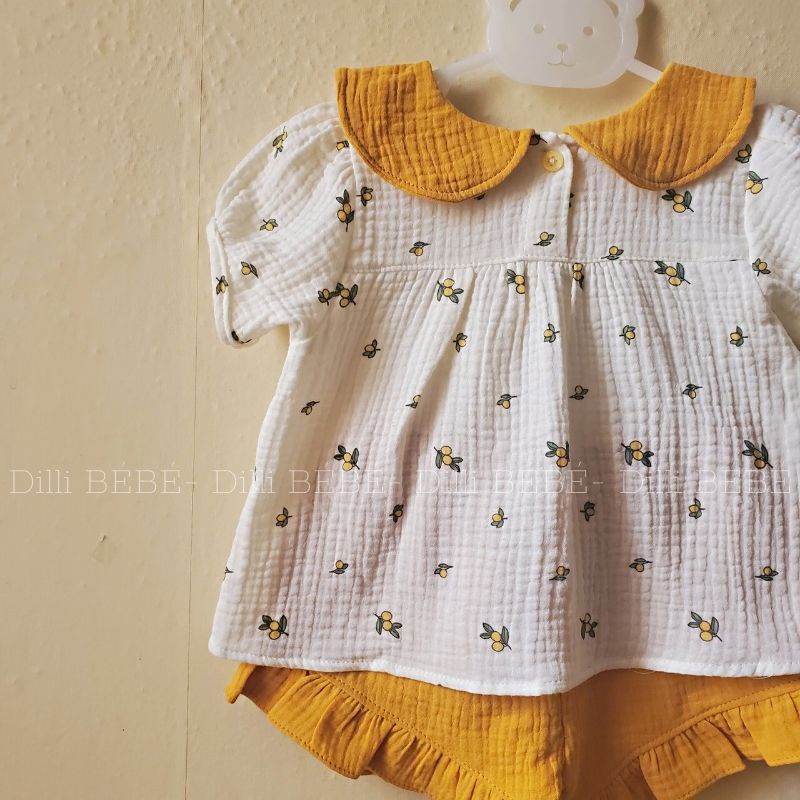 Đồ bộ bé gái cổ bèo babydoll quần áo cho trẻ em sơ sinh 0 12 tháng vải Muslin Oliu vàng/xanh - Dilli Bebe