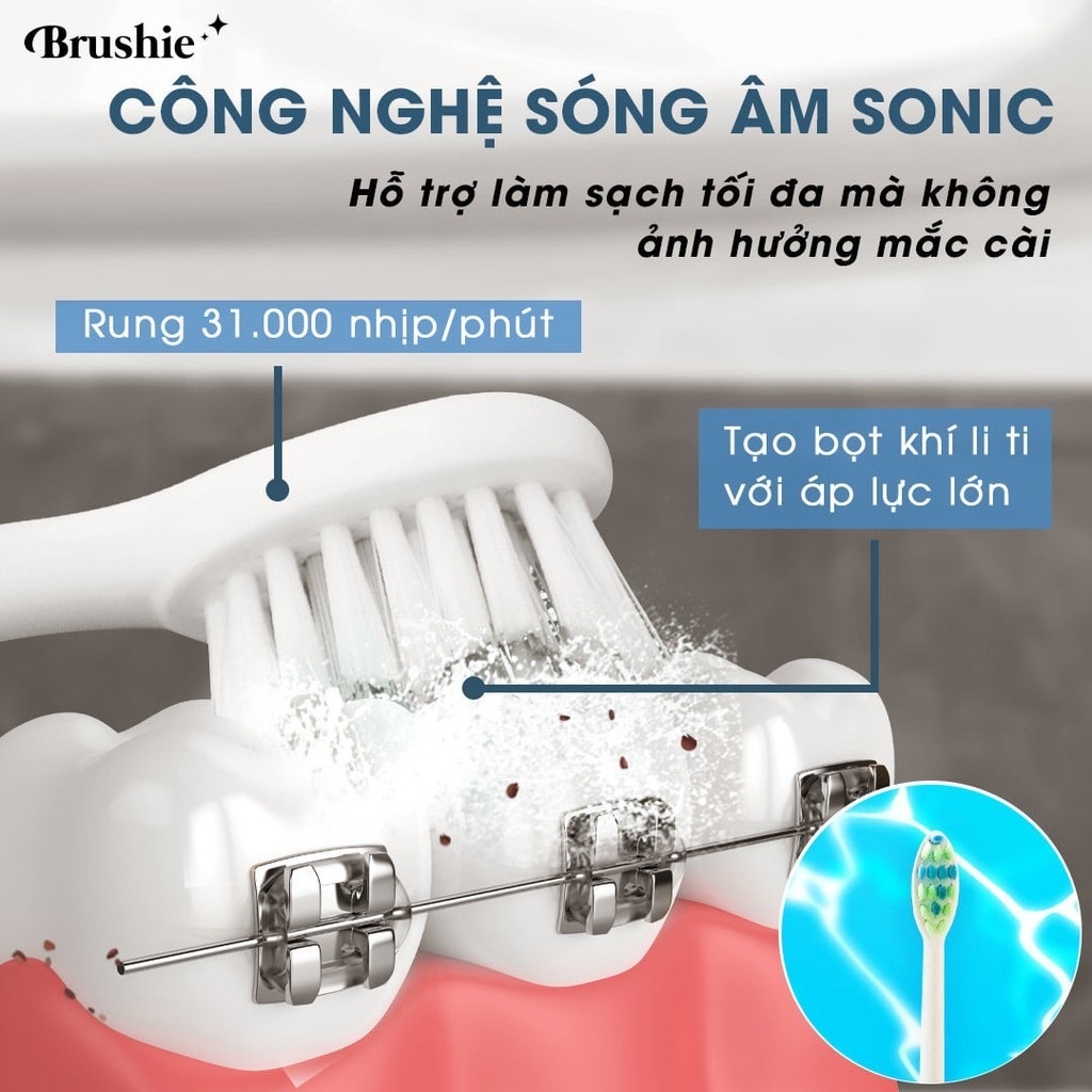 Bàn chải điện Brushie tích hợp máy rửa mặt công nghệ sóng âm sonic, phù hợp cho mọi loại răng - Chính hãng Brushie