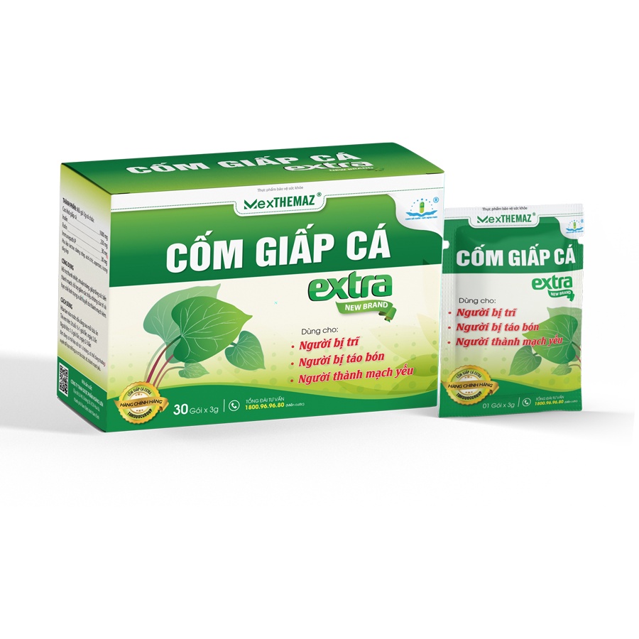 Gói uống CỐM GIẤP CÁ EXTRA (Hộp 30 gói), giảm các triệu chứng của trĩ và tăng sưc bền thành mạch; hỗ trợ nhuận tràng