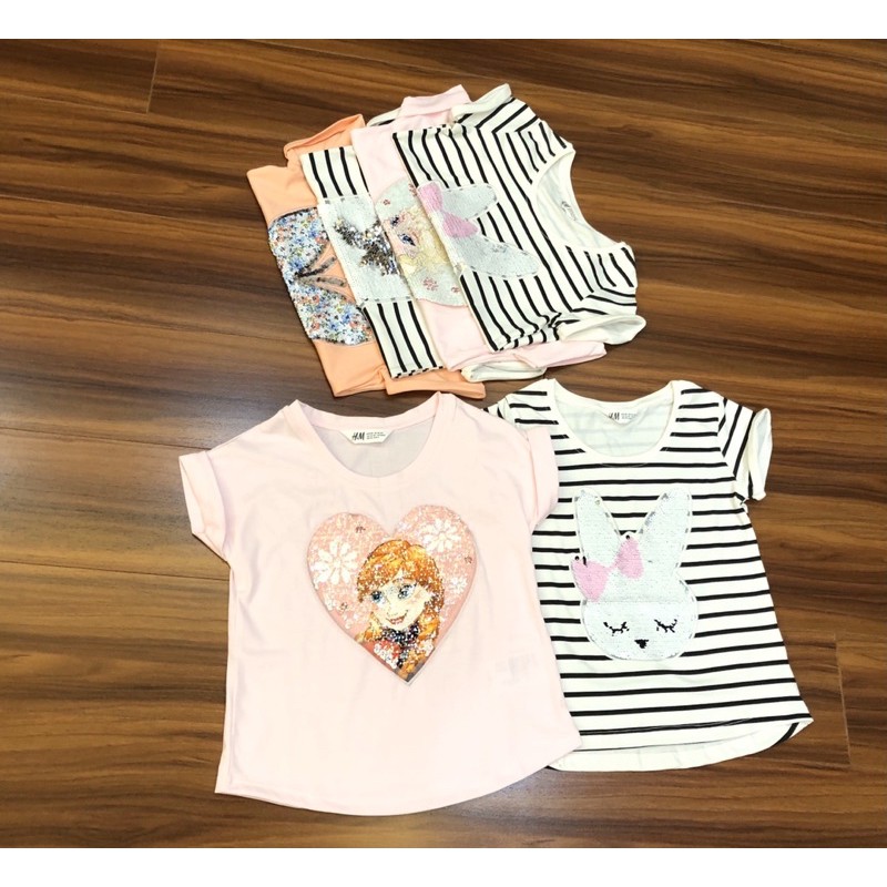 Áo phông/cộc bé gái kim sa lật thỏ/mèo/elsa