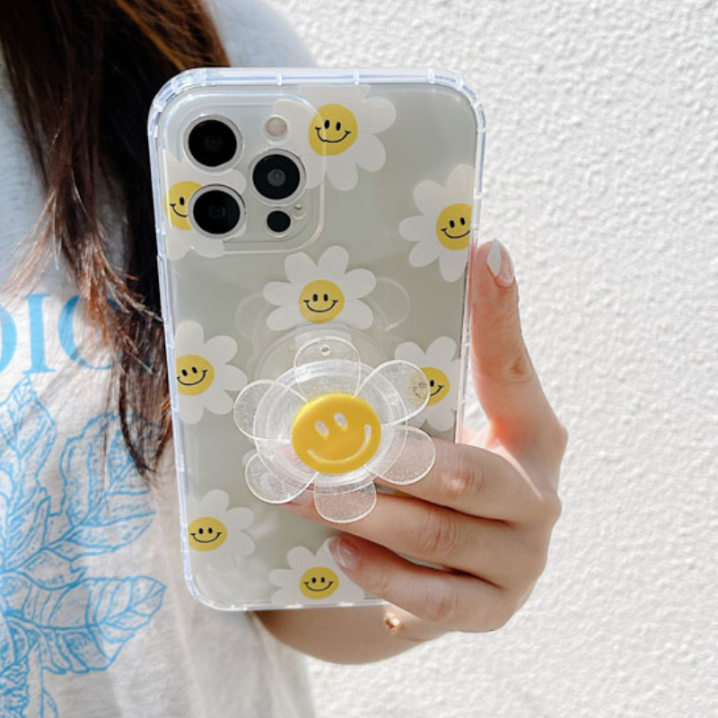 ốp điện thoại Tpu Trong Suốt Họa Tiết Hoa Mặt Cười Có Giá Đỡ Cho Iphone 12 Mini 11 Pro Xs Max X Xs Xr 12pro 7 8 8plus