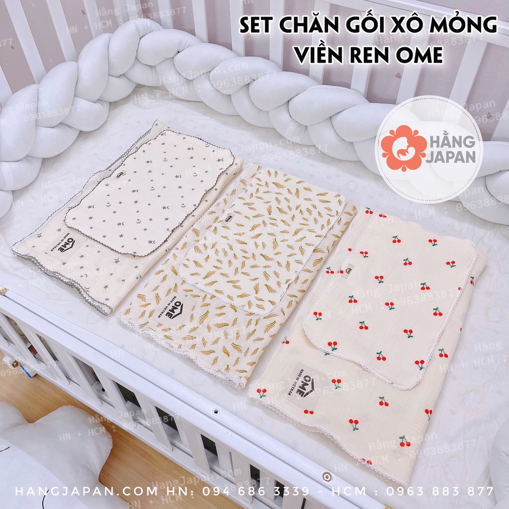 Set chăn gối xô mỏng viền ren OME cho bé màu ngẫu nhiên