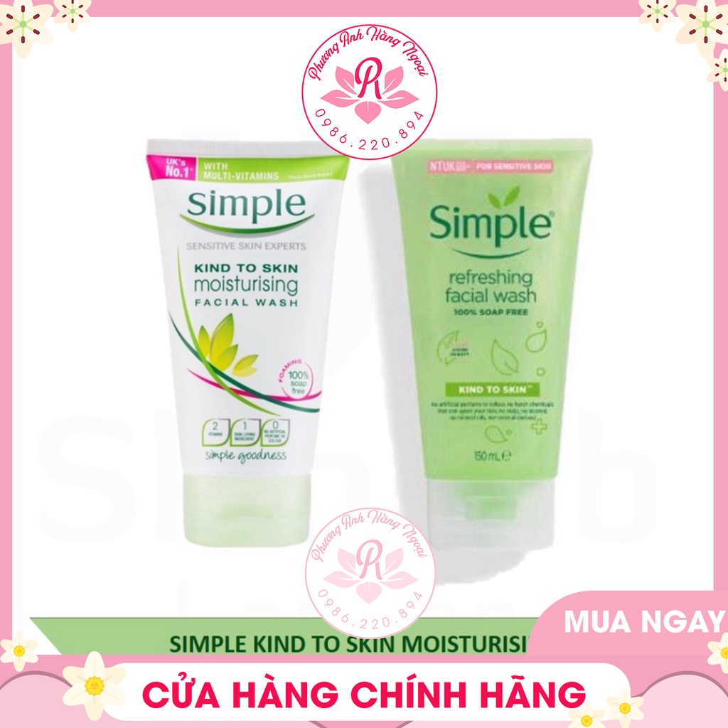 Sữa rửa mặt dành cho da khô,da nhạy cảm simple refreshing,moisturising facial wash gel 150ml