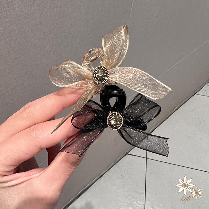 Kẹp Tóc Nơ Đính Đá Kim Cương Giả Hai Mặt Vải Lưới Kích Thước Nhỏ Cài Tóc Đuôi Ngựa Mùa Hè