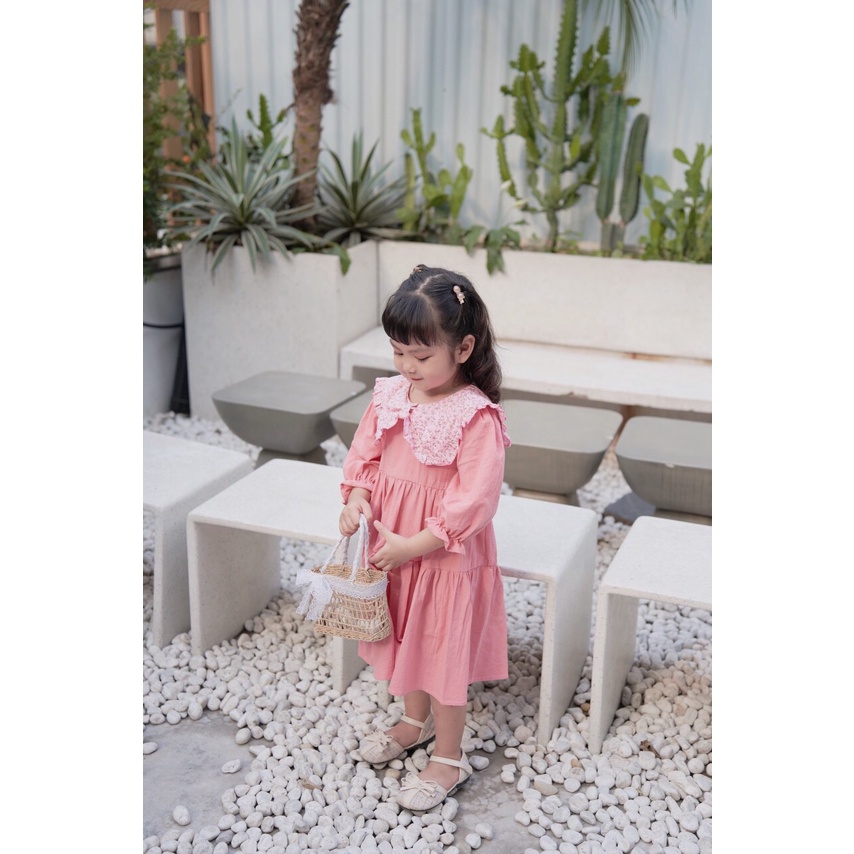 Váy thu dài tay chất thô mỏng màu trơn, cổ thắt nơ cho bé gái 1-5 tuổi