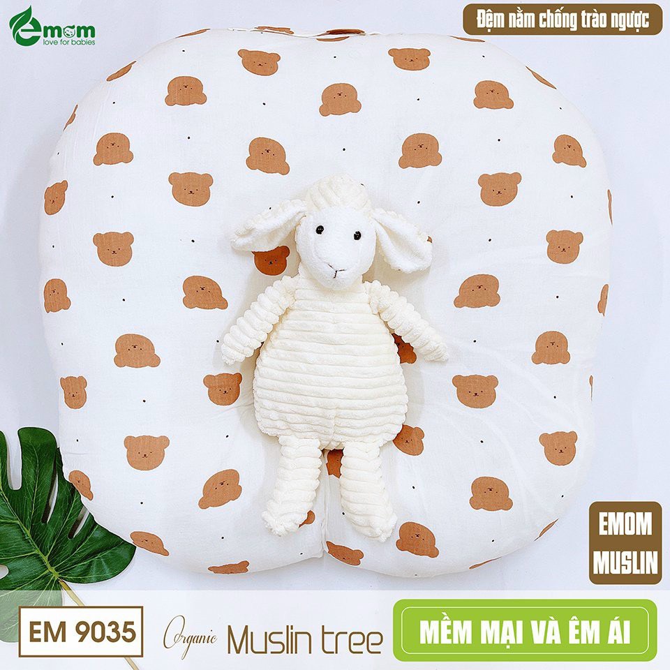 Emom - Gối chống trào ngược vỏ xô Muslin họa tiết xinh xắn cho bé