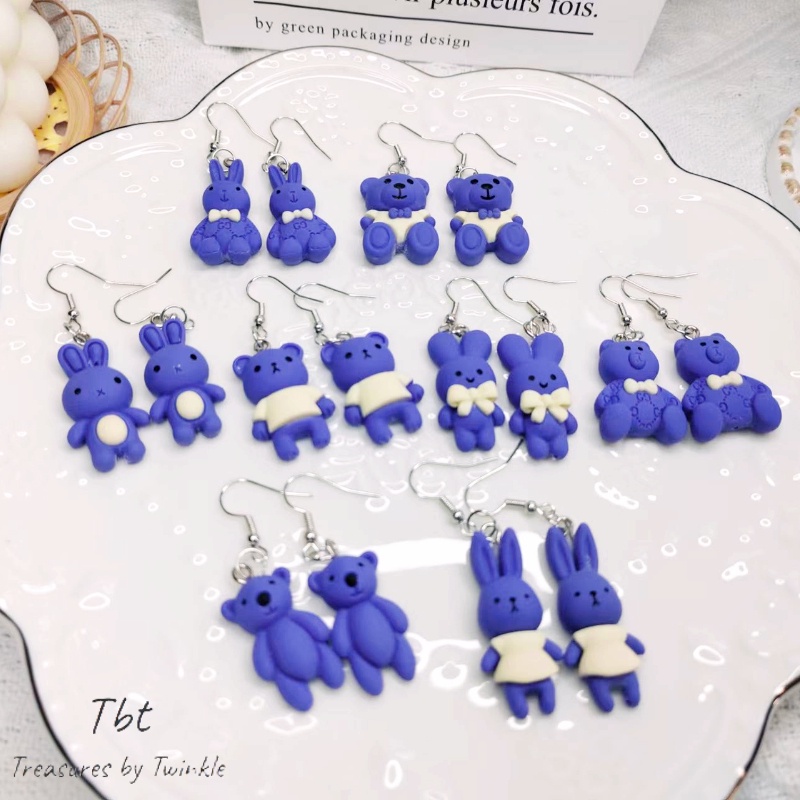 Bông tai mặt dây chuyền bông tai bạc gấu thỏ thời trang dễ thương tính khí bình dân Trang sức xanh Klein (Tbt)