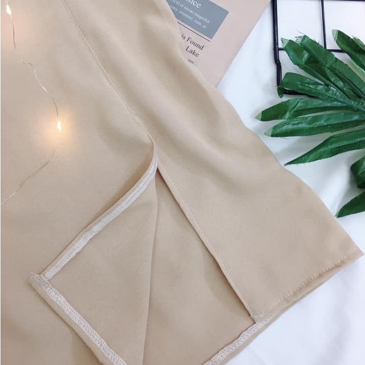 Chân váy midi xẻ tà cạp chun vải đũi màu be sáng