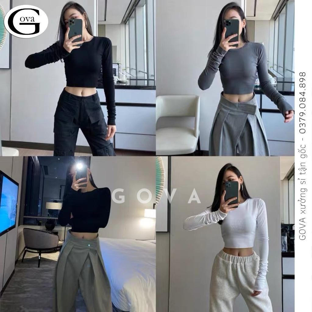 Áo croptop cổ tròn trơn tay dài, Áo Body nữ ôm dáng Cho Nữ Gova
