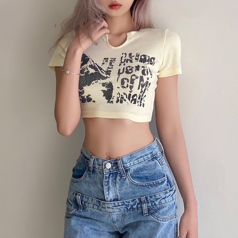Áo Thun Croptop Dệt Kim Tay Ngắn Cổ Tròn Ôm Dáng Thời Trang Dành Cho Nữ