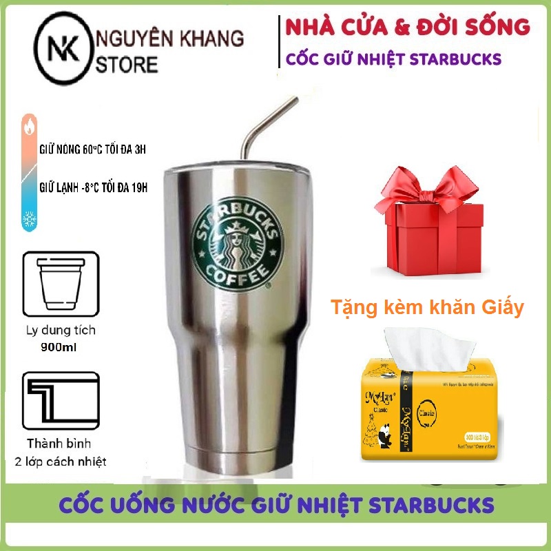 Bình Nước Giữ Nhiệt Yeti,Cốc, Ly Đựng Nước Giữ Nhiệt InoxThái Lan 900Ml Tặng Kèm 5 Sản Phẩm, Giao Màu Ngẫu Nhiên