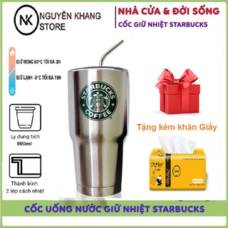 Bình Nước Giữ Nhiệt Yeti,Cốc, Ly Đựng Nước Giữ Nhiệt InoxThái Lan 900Ml Tặng Kèm 5 Sản Phẩm, Giao Màu Ngẫu Nhiên