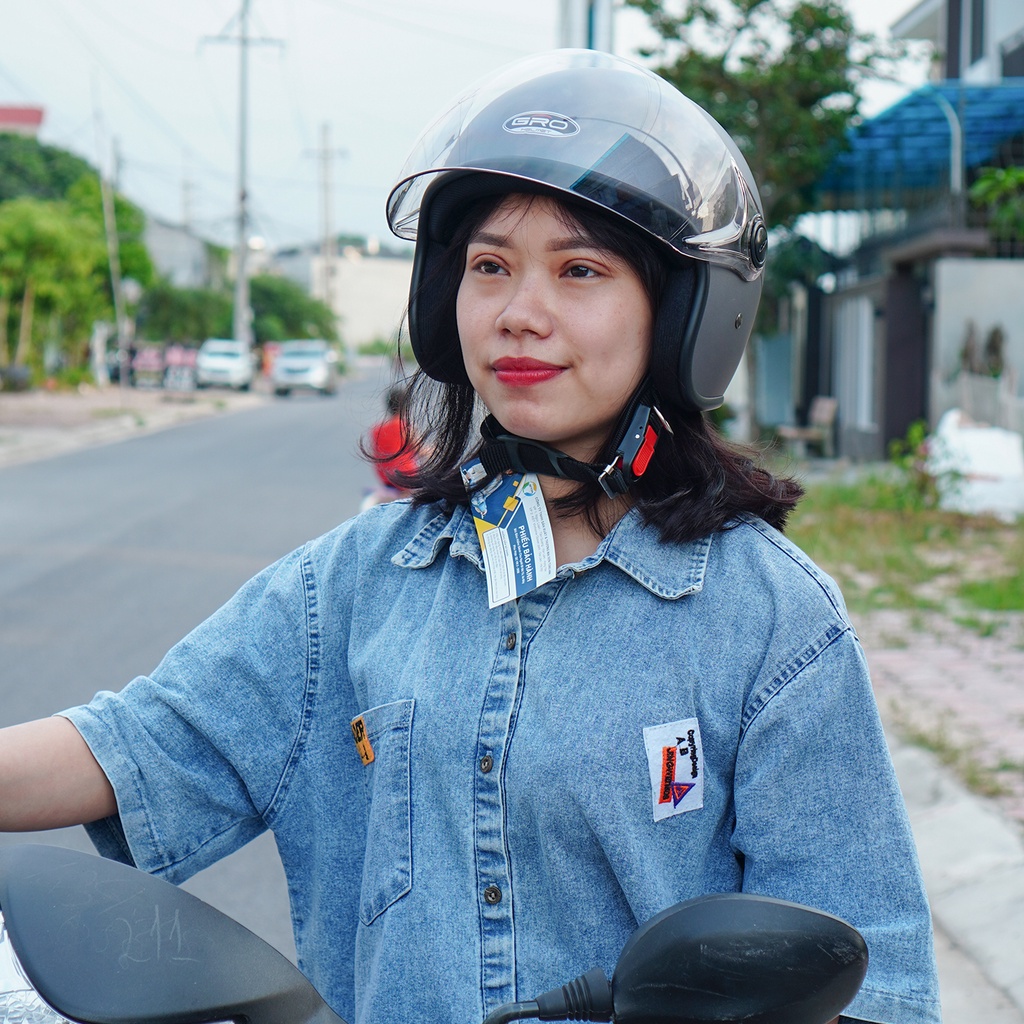 Mũ Bảo Hiểm 3/4 đầu GRO Helmet T818 có kính dài che cả mặt, kiểu dáng thời trang cho nữ, khóa kim loại - Xám Nhám