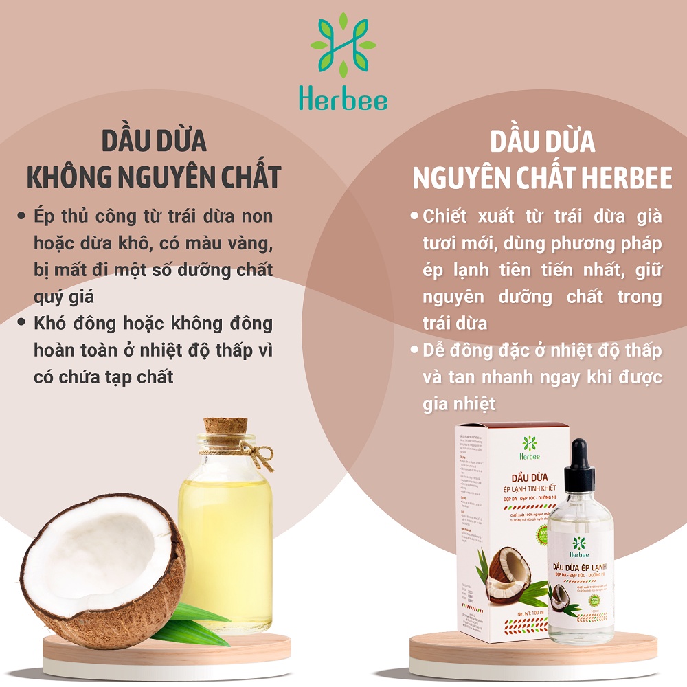 Dầu Dừa Ép Lạnh Herbee 100ml, Massage Cho Trẻ Sơ Sinh, Làm Mờ Vết Rạn Da, 100% Chiết Xuất Tự Nhiên