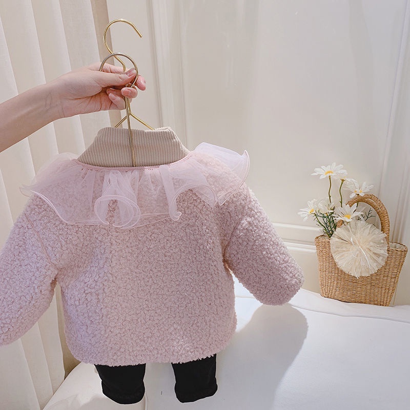 Áo khoác vải nhung ấm áp phong cách Hàn Quốc 2021 thời trang thu đông đáng yêu dành cho bé gái