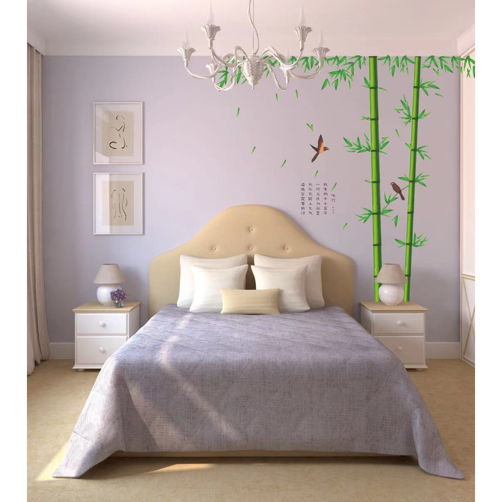 Decal dán tường cây tre và 2 chú chim