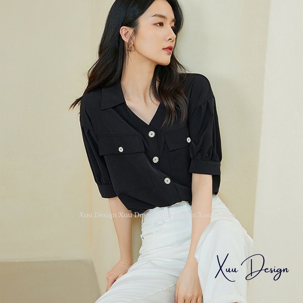 Áo sơ mi nữ trắng kiểu cổ V Xuu Design, vải lụa mềm mát phối túi giả thời trang - SP45