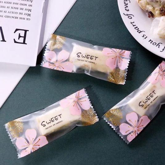Túi 4*9.5 cm - Set 200 Túi đựng kẹo NOUGAT HOA ĐÀO SWEET hàn miệng xấp