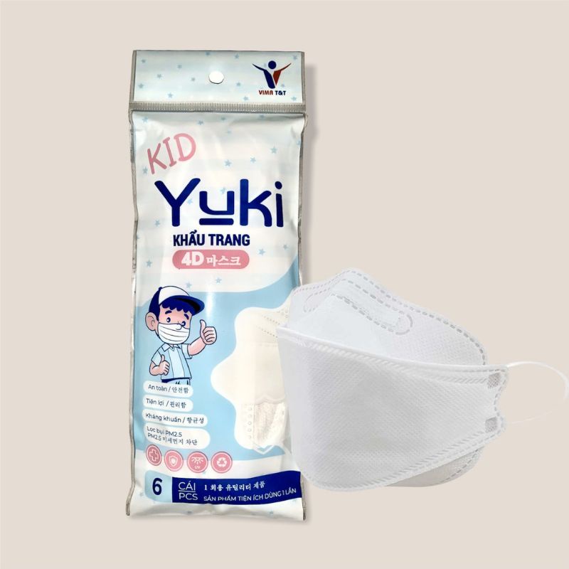 Khẩu trang y tế 4D trẻ em, cho bé YUKI Mask / YUKI KID 4D kháng khuẩn 4 lớp, 1 gói 6 cái, màu trắng, xanh
